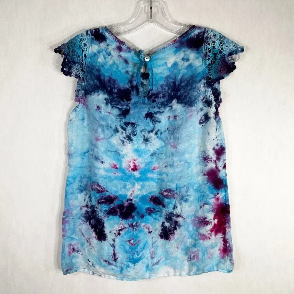 Viola Borghi Medium Top Victory Dance Tie Dye Handmade Blue Linen Lace 1611‎